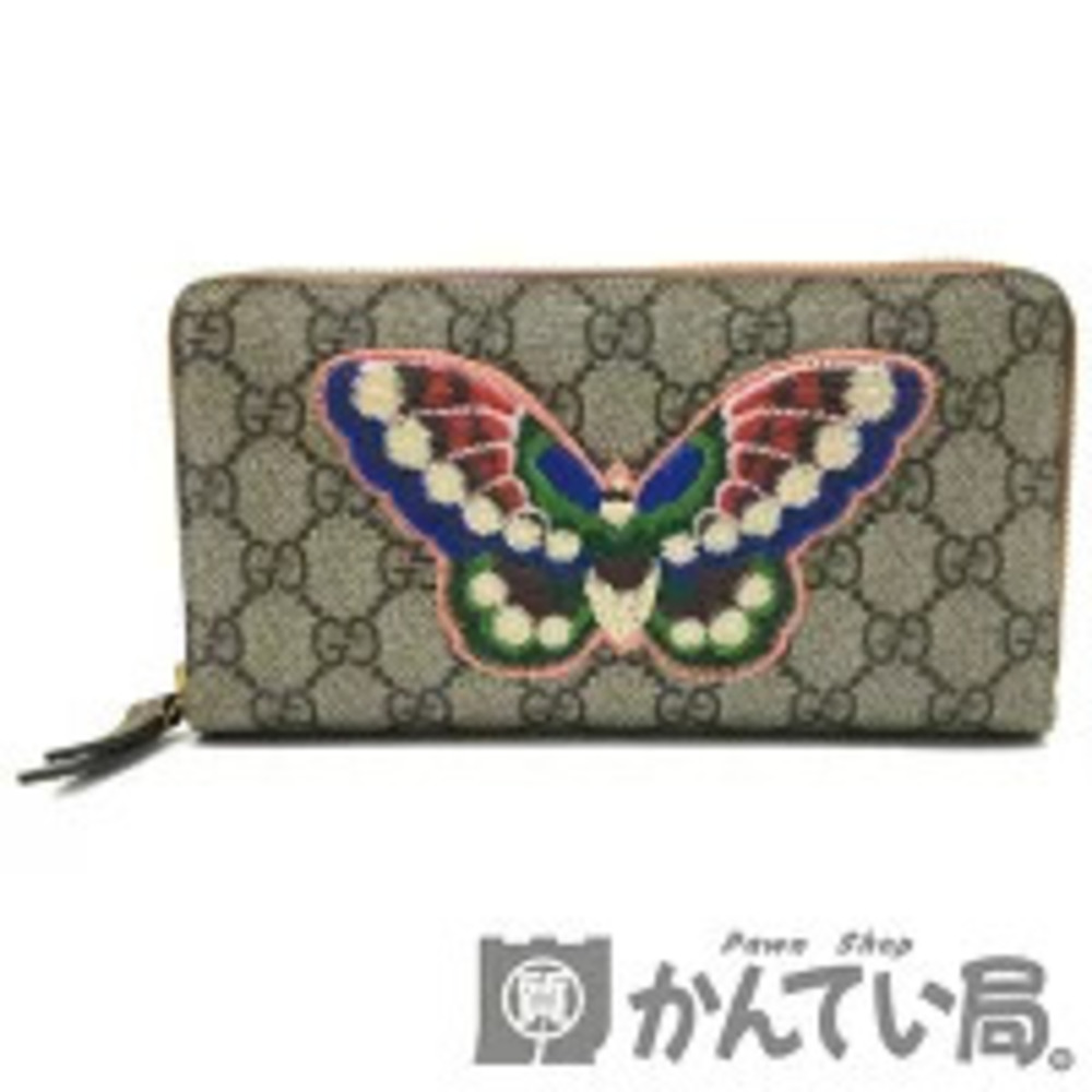 GUCCI GG Supreme Round Zipper Long Wallet Beige Multicolor Embroidered